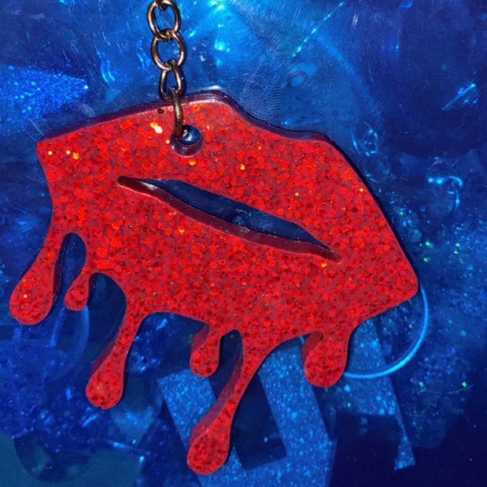 Red Sparkle Dripping Lips Resin Keychain